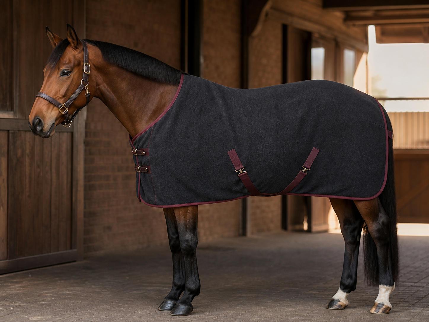 Horse wearing a fleece cooler in a stable