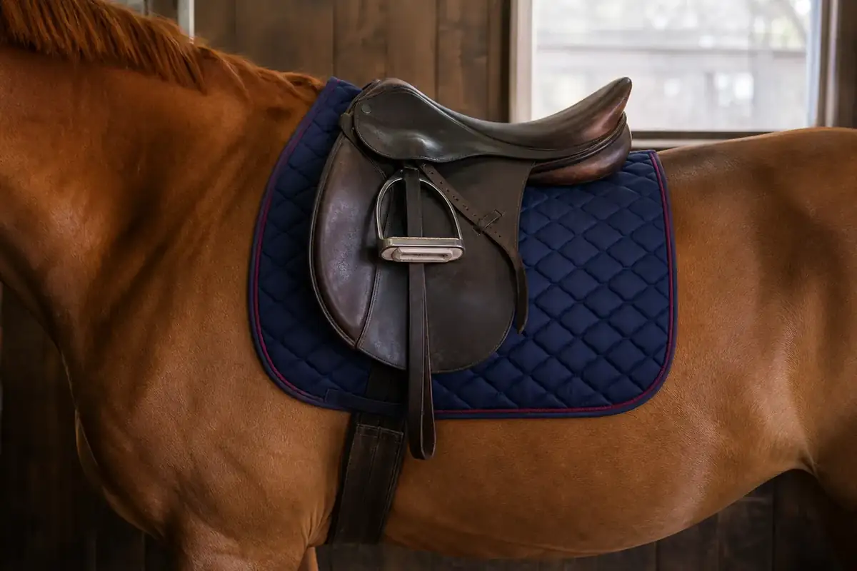 Quilted saddle pad during tack up
